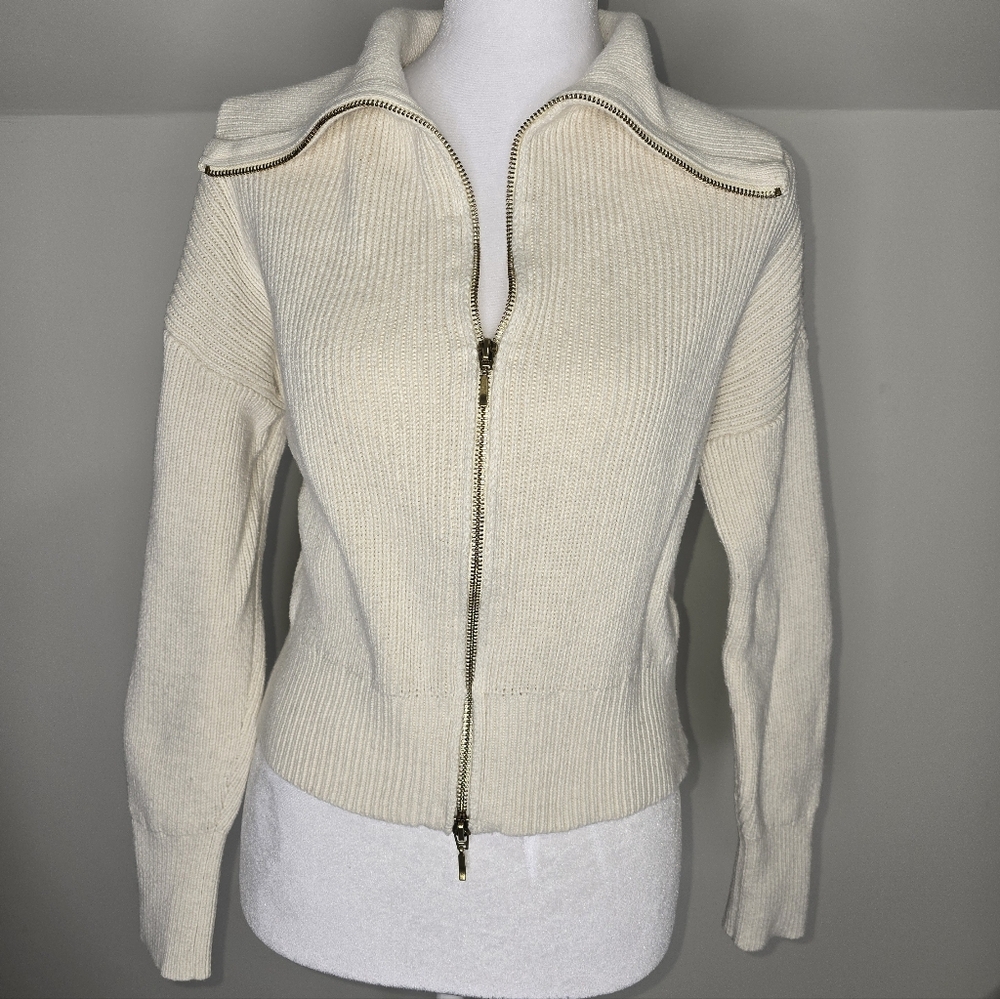 Abercrombie & Fitch Cream Zip-Up Ribbed Sweater Size XS Cotton Blend Tight Knit